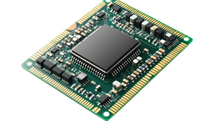 Microchip Technology: A close-up view of a green circuit board, highlighting the intricate details of a central microchip.