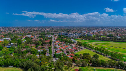 Panorama aerial drone view of western Sydney Suburbs of Canterbury Burwood Ashfield Marrickville Campsie with Houses roads and parks in Sydney New South Wales NSW Australia