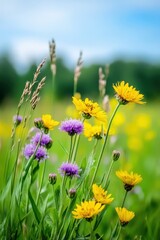 Fototapeta premium A close-up of vibrant wildflowers blooming in a sunlit meadow, showcasing nature's delicate beauty.