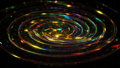 暗闇に広がるカラフルな光の螺旋が、宇宙的で魅惑的な視覚効果を生み出します。虹色の光が同心円状に反射し、銀河の渦を思わせるイメージを呼び起こします。

