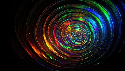 暗闇に広がるカラフルな光の螺旋が、宇宙的で魅惑的な視覚効果を生み出します。虹色の光が同心円状に反射し、銀河の渦を思わせるイメージを呼び起こします。

