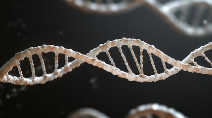 Close-up of intricate double helix structures representing ancient DNA molecules, highlighting the complexity and historical significance of genetic material, with copy space for text or design.