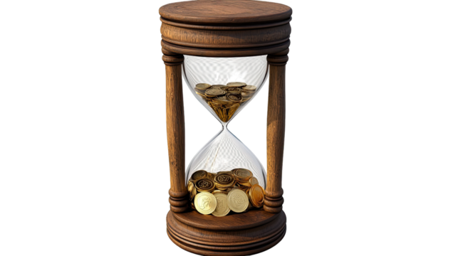 Time is Money: A classic hourglass filled with gold coins serves as a powerful visual metaphor for the value of time and the importance of financial planning.  