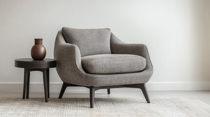 Modern grey armchair with side table in minimalist room.