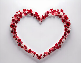 Obraz premium Creative layout adorned by red and pink rose flowers and paper heart in heart shape on white background. Top view, flat lay concept
