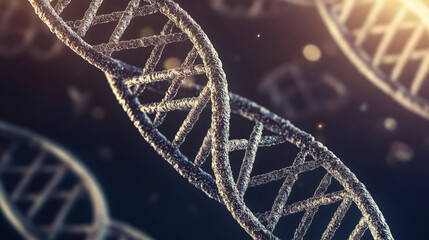 Close-up of intricate double helix structures representing ancient DNA molecules, highlighting the complexity and historical significance of genetic material, with copy space for text or design.