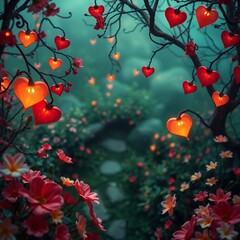 Obraz premium A fairy-tale picture with a forest landscape, trees on which the leaves glow and have the shape of a heart.