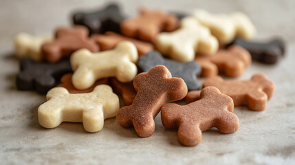 Fototapeta premium Dog bone-shaped treats stacked, tasty snacks for pets, appetizing display, 