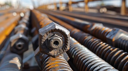 A close-up shot of high-tensile bolts and fasteners on a large construction project