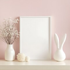 a blank wall art frame in the landscape position, cute, whimsical, playful, nursery, neutral pastel tones, minimalist, do not block frame