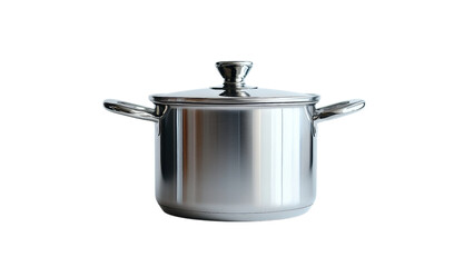 Stainless steel pot on a minimalist white surface, emphasizing sleek design and simplicity, modern kitchen aesthetics
