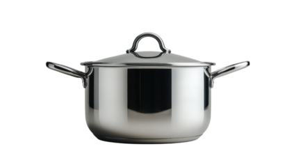 Stainless steel pot on a minimal white backdrop, showcasing sleek design and modern elegance in a simple composition