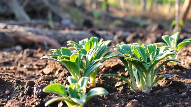 Fresh green seedlings thriving in rich soil, basking in sunlight, symbolizing growth, renewal, and sustainable agriculture in a natural setting