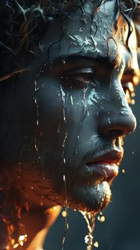 A two-faced beautiful man crying in sorrow with a burning face, mental health awareness, the face of creation and destruction, light and darkness, anxiety, sadness, fighting, depression, burnout