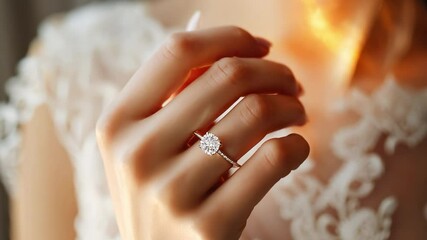 Close up hand of woman with wedding ring on finger, Elegant engagement diamond ring on woman finger Love and wedding concept	
