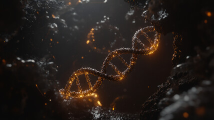 Close-up of intricate double helix structures representing ancient DNA molecules, highlighting the complexity and historical significance of genetic material, with copy space for text or design.