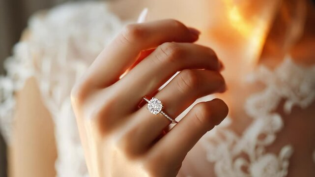 Close up hand of woman with wedding ring on finger, Elegant engagement diamond ring on woman finger Love and wedding concept	
