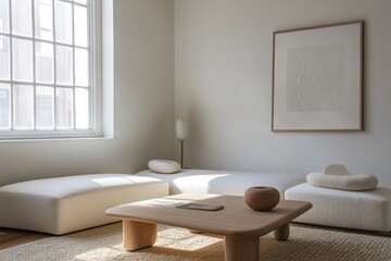A minimalist white white poster in a light wood frame , displayed on the wall of a living room above sofa and coffee table.