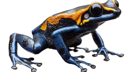 Vibrant Blue Poison Dart Frog: Close-up of a stunning blue poison dart frog with striking yellow and orange markings, showcasing its captivating beauty and intricate details.  