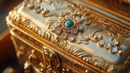 Ornate gold jewelry box, detailed carvings. Perfect for luxury, wealth, or treasure themes.