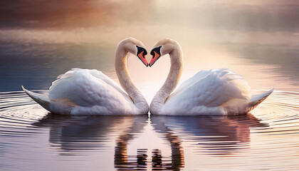 Fototapeta premium Two stunning swans glide gently on a tranquil lake, their necks elegantly curved together to form a heart shape, embodying love and connection during a peaceful spring day in February
