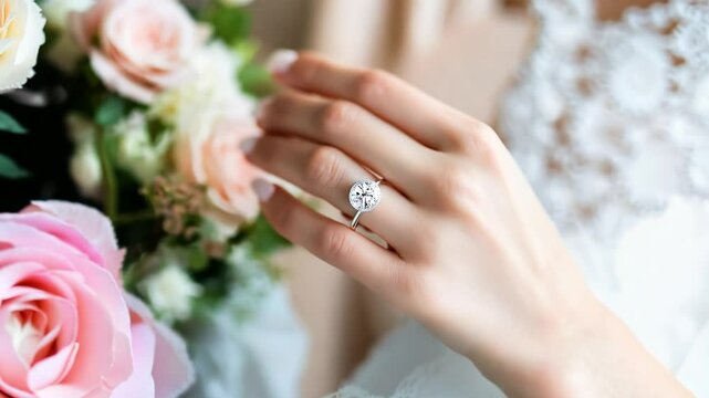 Close up hand of woman with wedding ring on finger, Elegant engagement diamond ring on woman finger Love and wedding concept	
