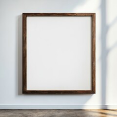 a mock up for an empty paint with an aspect ratio of 11:14, with thick dark brown wooden borders, in a minimalist white wall 