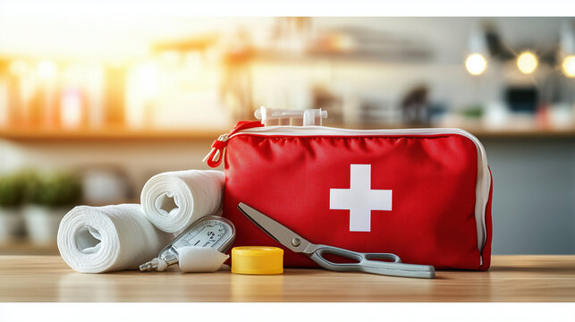 First aid kit for pets with essential items on a wooden table and bright background
