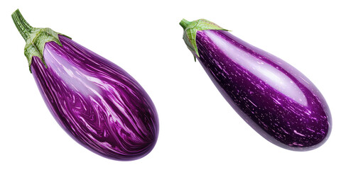 eggplant clipart concept. Vibrant purple eggplants against a black background, showcasing their glossy texture and unique shape. on Transparent background.