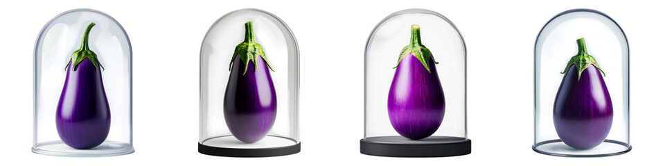 eggplant clipart concept. Four eggplants under glass domes, showcasing their vibrant color and unique shapes. on Transparent background.