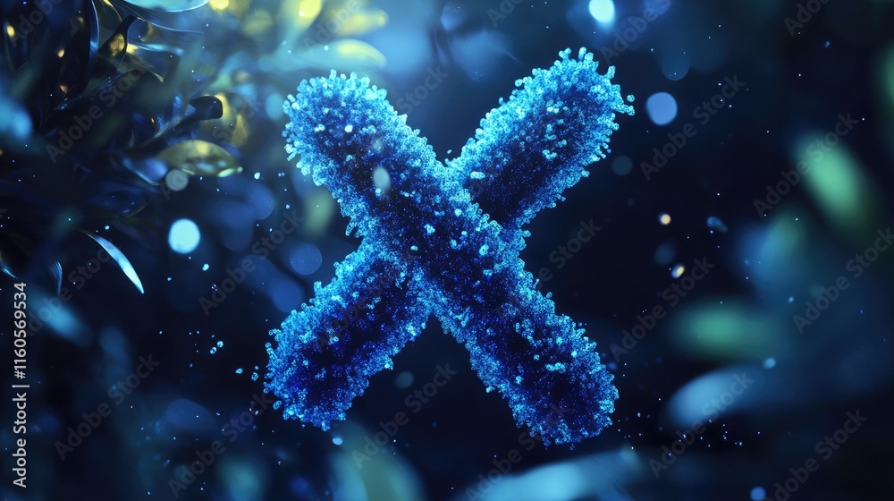 Poster 3D digital rendering of a blue X chromosome, highlighting its structure and role in genetics, surrounded by scientific data elements.