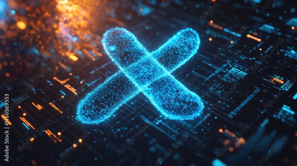 Poster 3D digital rendering of a blue X chromosome, highlighting its structure and role in genetics, surrounded by scientific data elements.