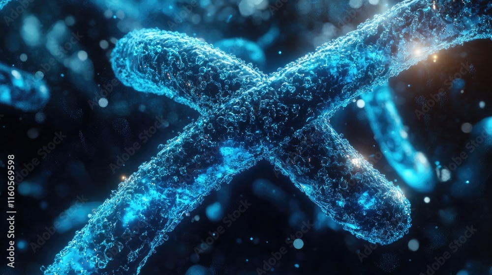 Poster 3D digital rendering of a blue X chromosome, highlighting its structure and role in genetics, surrounded by scientific data elements.