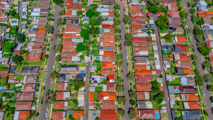 Panorama aerial drone view of western Sydney Suburbs of Canterbury Burwood Ashfield Marrickville Campsie with Houses roads and parks in Sydney New South Wales NSW Australia
