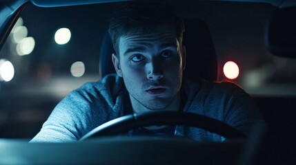 Car experiencing electrical issues at night. Featuring a concerned driver