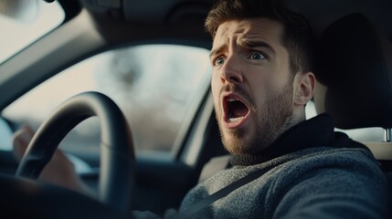 Car experiencing brake failure while driving. Featuring a startled driver
