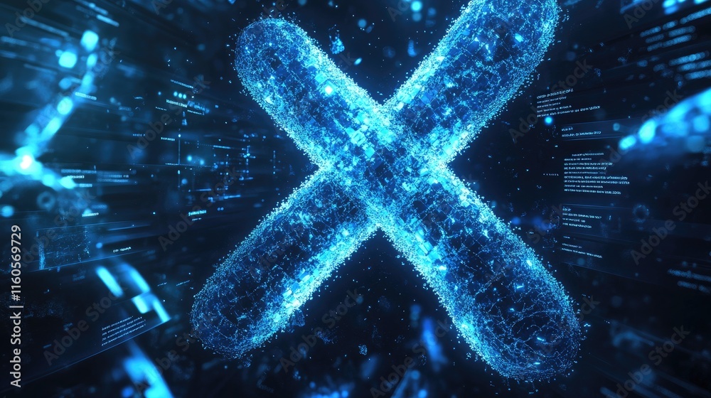 Poster 3D digital rendering of a blue X chromosome, highlighting its structure and role in genetics, surrounded by scientific data elements.