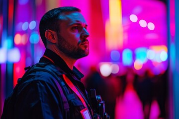 A security guard stands in a vibrant atmosphere. The colors around him create a captivating scene. His watchful glance reflects dedication. Generative AI
