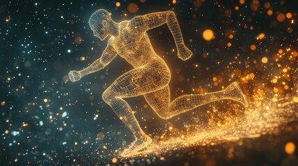 3D illustration of a wireframe athlete running, with light particles and sparks swirling around, symbolizing the intersection of technology and athletics.