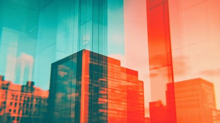 Abstract city skyline reflection in glass building.