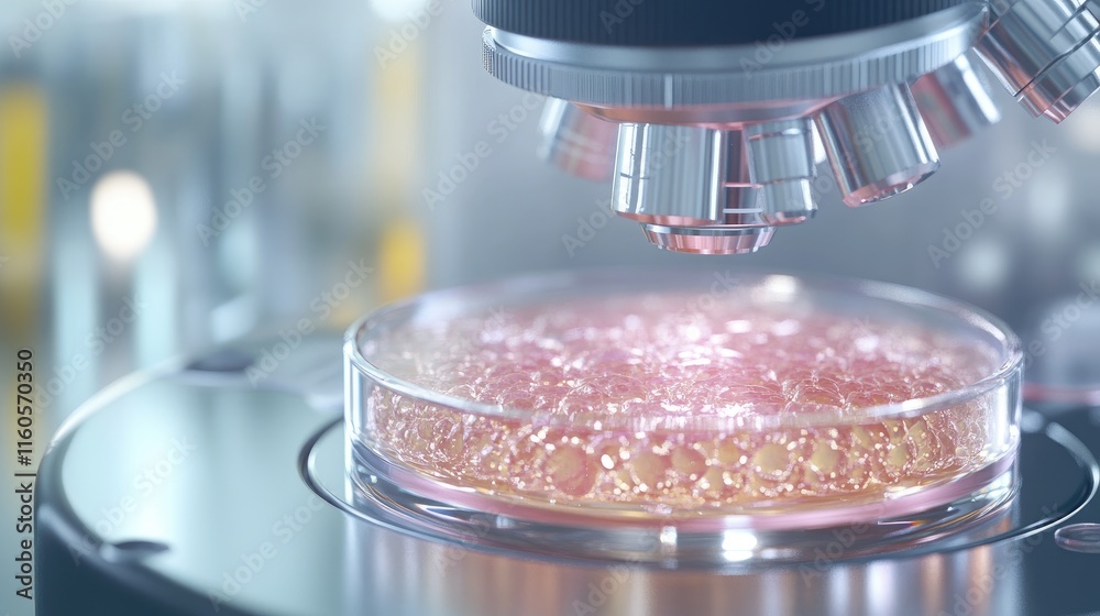 Poster 3d render of human or stem cell under a microscope, illustrating intricate biological processes in a