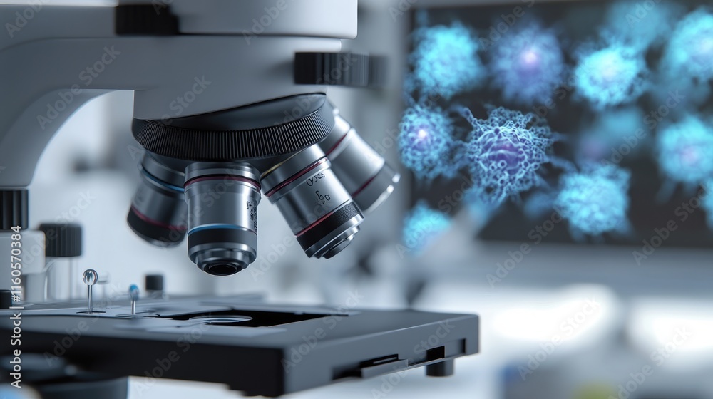 Poster 3d render of human or stem cell under a microscope, illustrating intricate biological processes in a