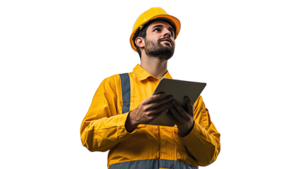 Construction Worker with Tablet: A focused construction worker in a yellow hardhat and jumpsuit, holding a tablet, looks upwards, contemplating the next step of a project.