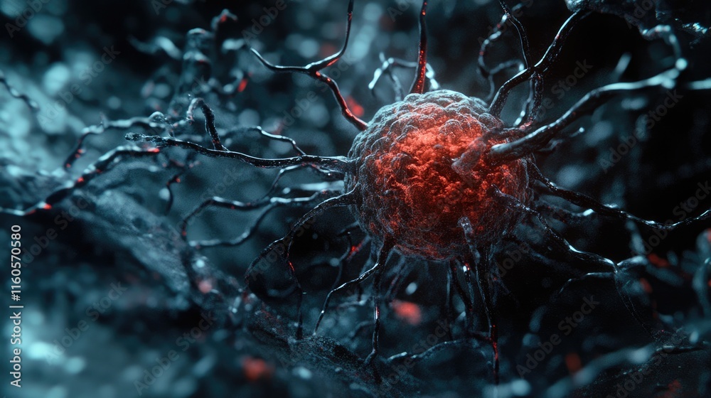 Poster 3d rendering of a human cell or embryonic stem cell viewed under a microscope, showcasing intricate 