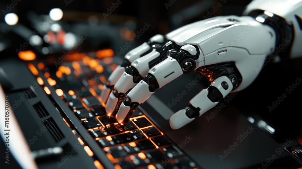 Poster 3D rendering of a robotic hand pressing keys on a laptop, symbolizing the integration of robotics and digital technology.