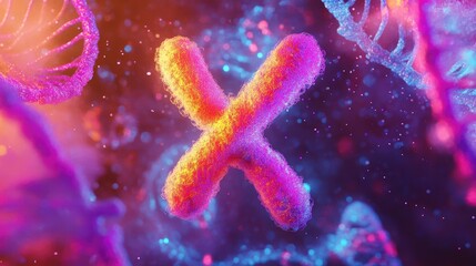 Obraz premium 3D rendering of the X chromosome floating against a vibrant DNA background, highlighting its role in genetics and molecular biology.