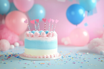 A beautiful pink and blue cake. Gender reveal concept. Good for any project.