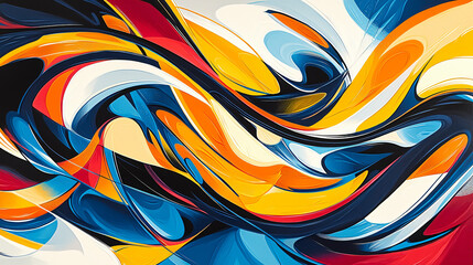 A vibrant abstract composition with fluid lines, bold colors, and energetic swirls.