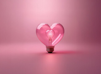 A glowing pink heart-shaped light bulb illuminates a soft pink background.  Symbol of love, romance, and a bright idea.