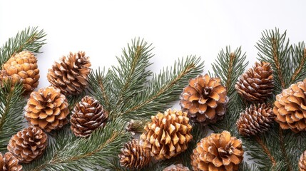 Fototapeta premium Pinecones and evergreen branches on a white background. Generative AI